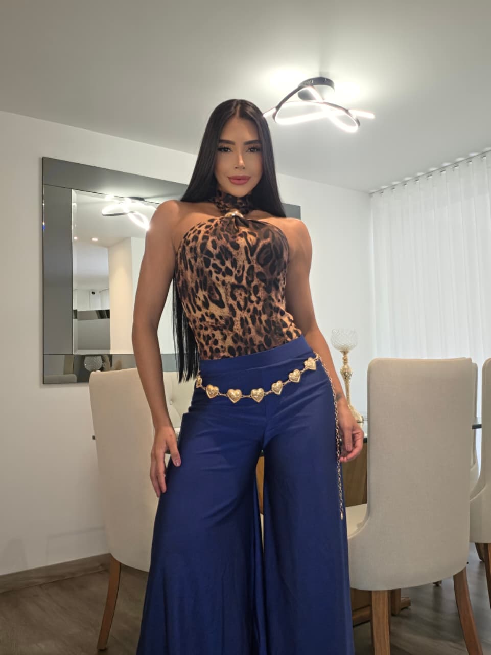 Women’s Animal Print Halter Bodysuit with Built-In Shapewear & Gold Ring Detail – 1064