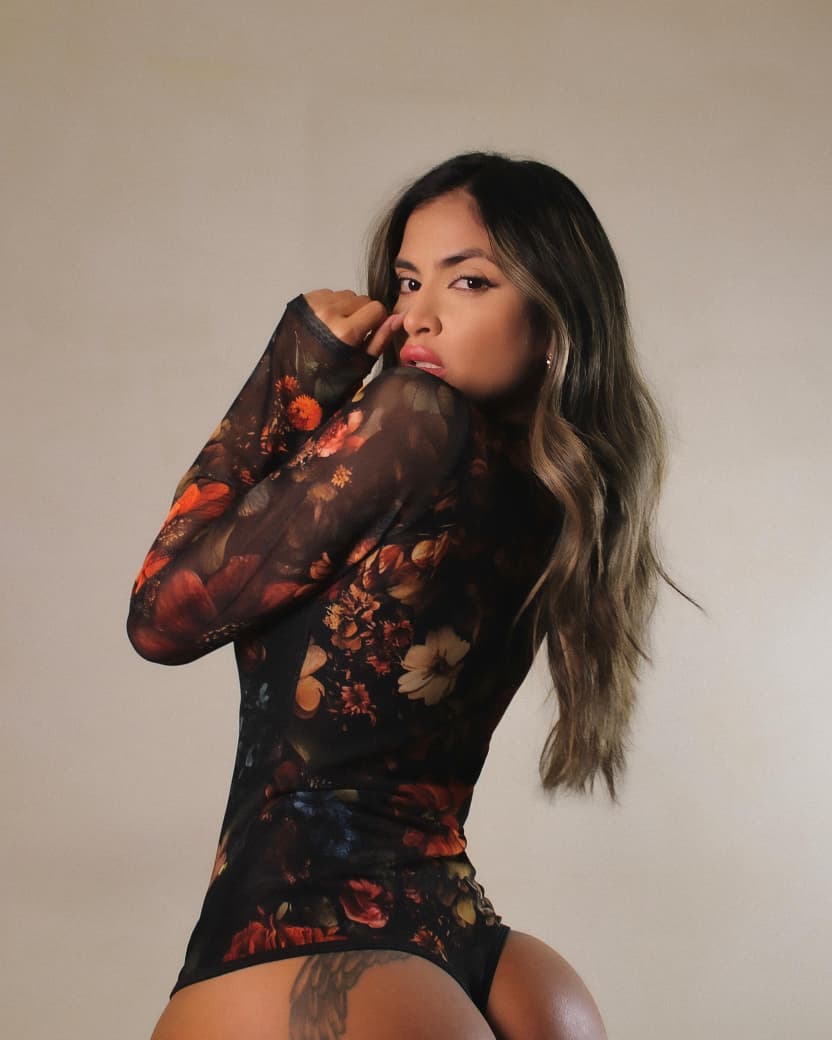Women’s Dark Floral Long-Sleeve Thong Bodysuit with Built-In Shapewear & Sheer Sleeves 1005