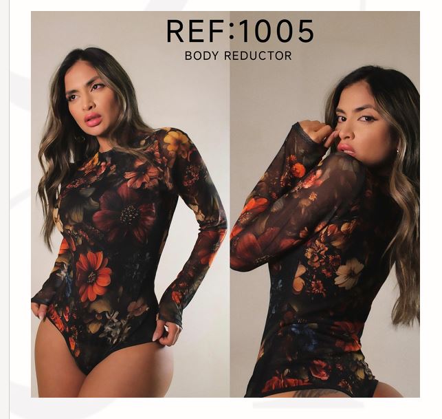 Women’s Dark Floral Long-Sleeve Thong Bodysuit with Built-In Shapewear & Sheer Sleeves 1005