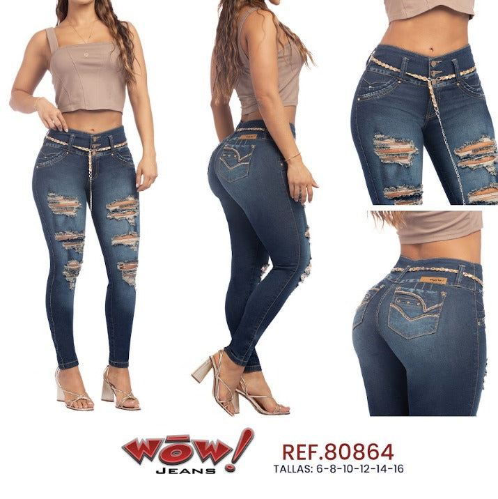 Wow Jeans 80864 – Jean Azul Oscuro de Tiro Alto con Rotos y Cadena