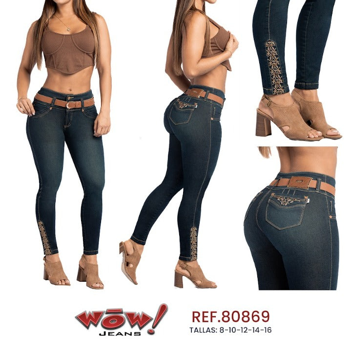 Wow Jeans 80869 – Jean Skinny Azul Oscuro de Tiro Alto con Bordado en los Tobillos