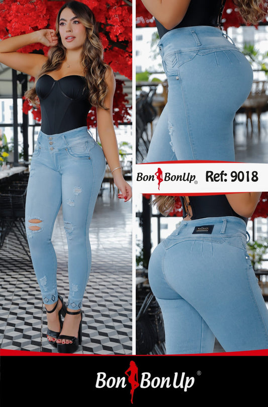 Bon Bon Up 9018 – Jean Levanta Cola de Tiro Alto Azul Claro con Rotos