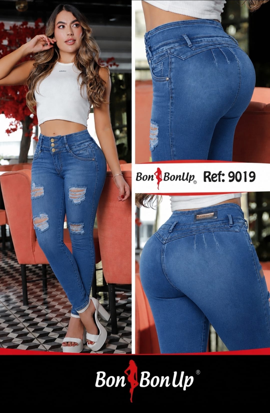 Bon Bon Up 9019 – Jean Levanta Cola de Tiro Alto Azul Medio con Rotos