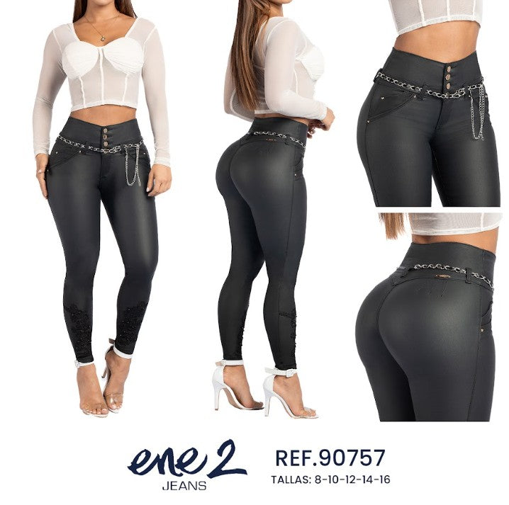 Ene2 Jeans 90757 – Jean Negro Efecto Cuero de Tiro Alto con Cadena