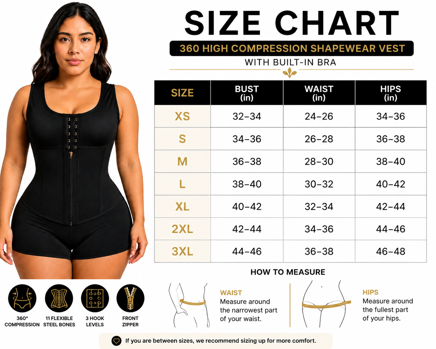 Comfort 360 Shapewear Vest with Built-In Bra – High Compression, 11 Steel Bones, 3 Hook Levels & Front Zipper MC041