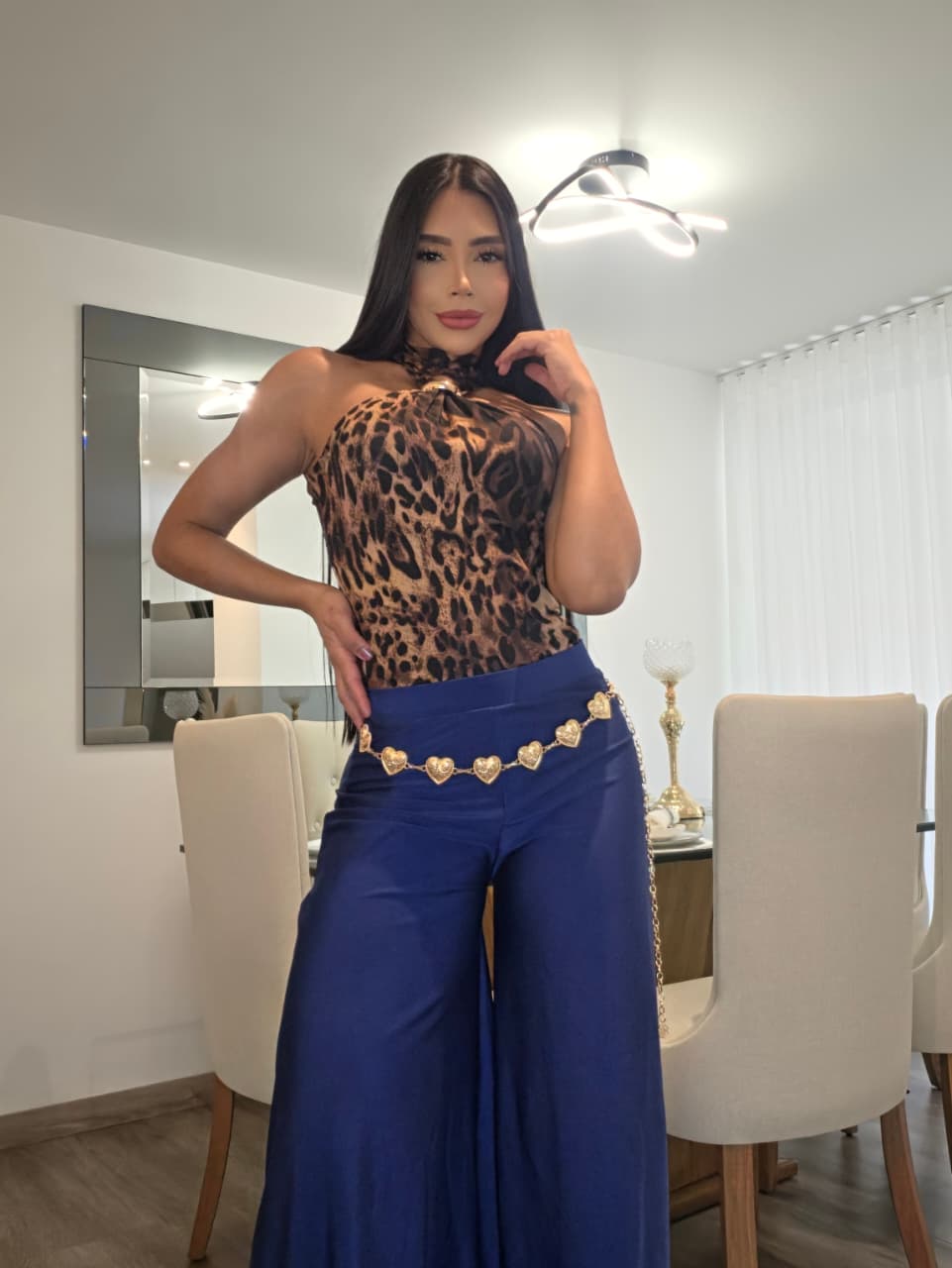 Women’s Animal Print Halter Bodysuit with Built-In Shapewear & Gold Ring Detail – 1064
